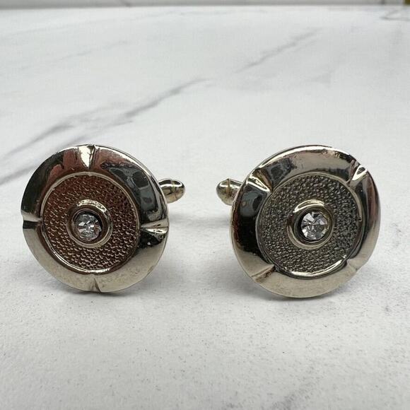 Vintage Silver Tone Round Rhinestone Cufflinks - Picture 1 of 5